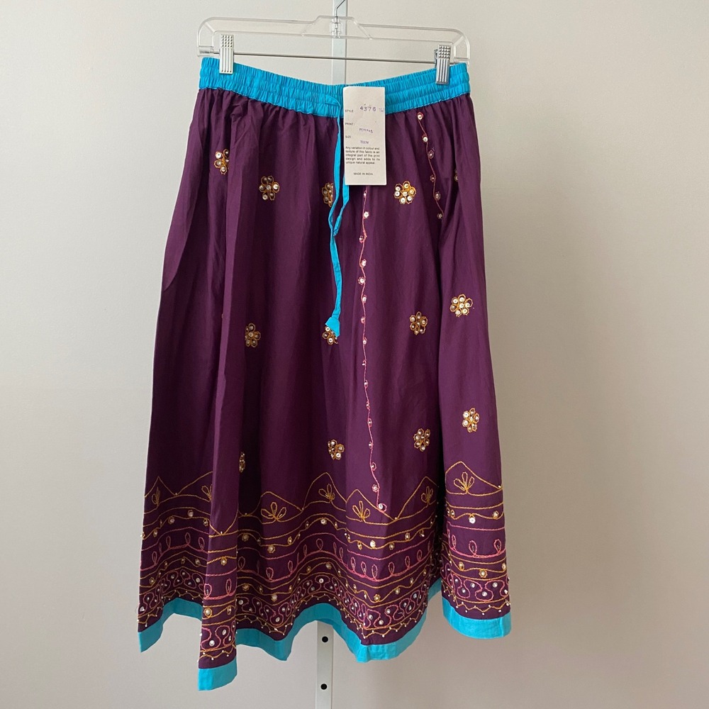 Mamta Cotton Boho Beachy Relaxed Peasant Ethereal Midi Skirt Teen Purple